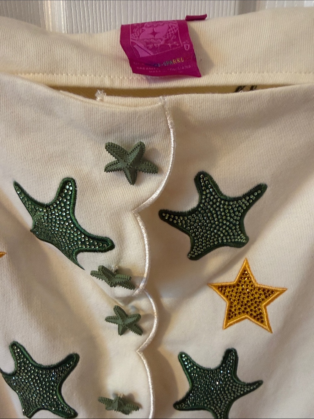 QUEEN OF SPARKLES Cream Dress with Pink, Green & Gold Starfish Appliqués - Picture 2 of 3